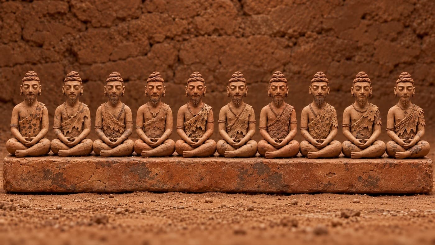 Ten bearded clay figures of the Pura Gana seated in a row on a long bench, eyes closed, hands cupped in the lap, each with a hide or leaf garment over one shoulder