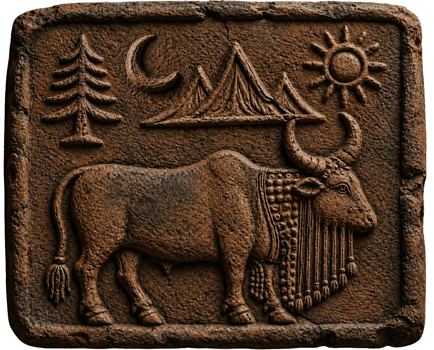 Ancient-style Boona Kala seal depicting a bull beneath the sun, moon, mountains, and tree